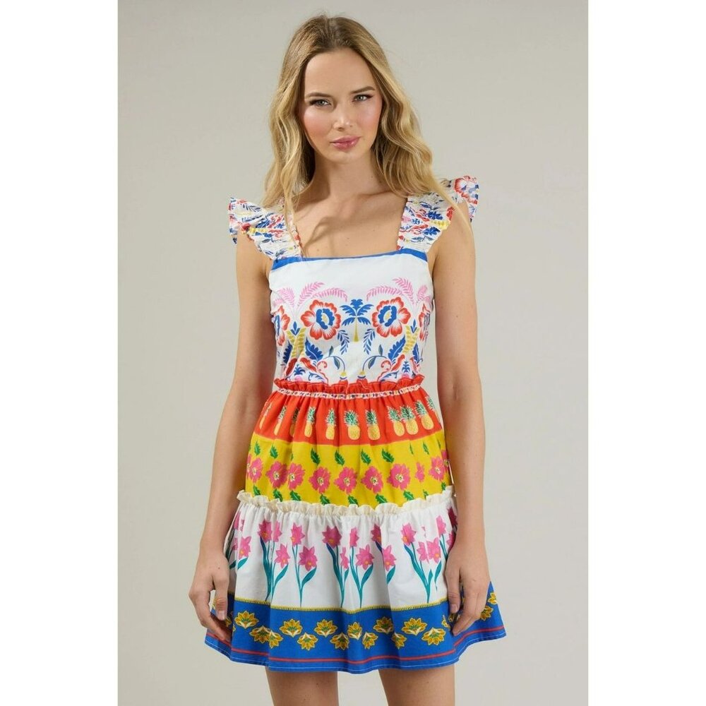 SUGARLIPS Olympia Floral Ruffle Tiered Mini Dress White Multi Sleeveless S NWT